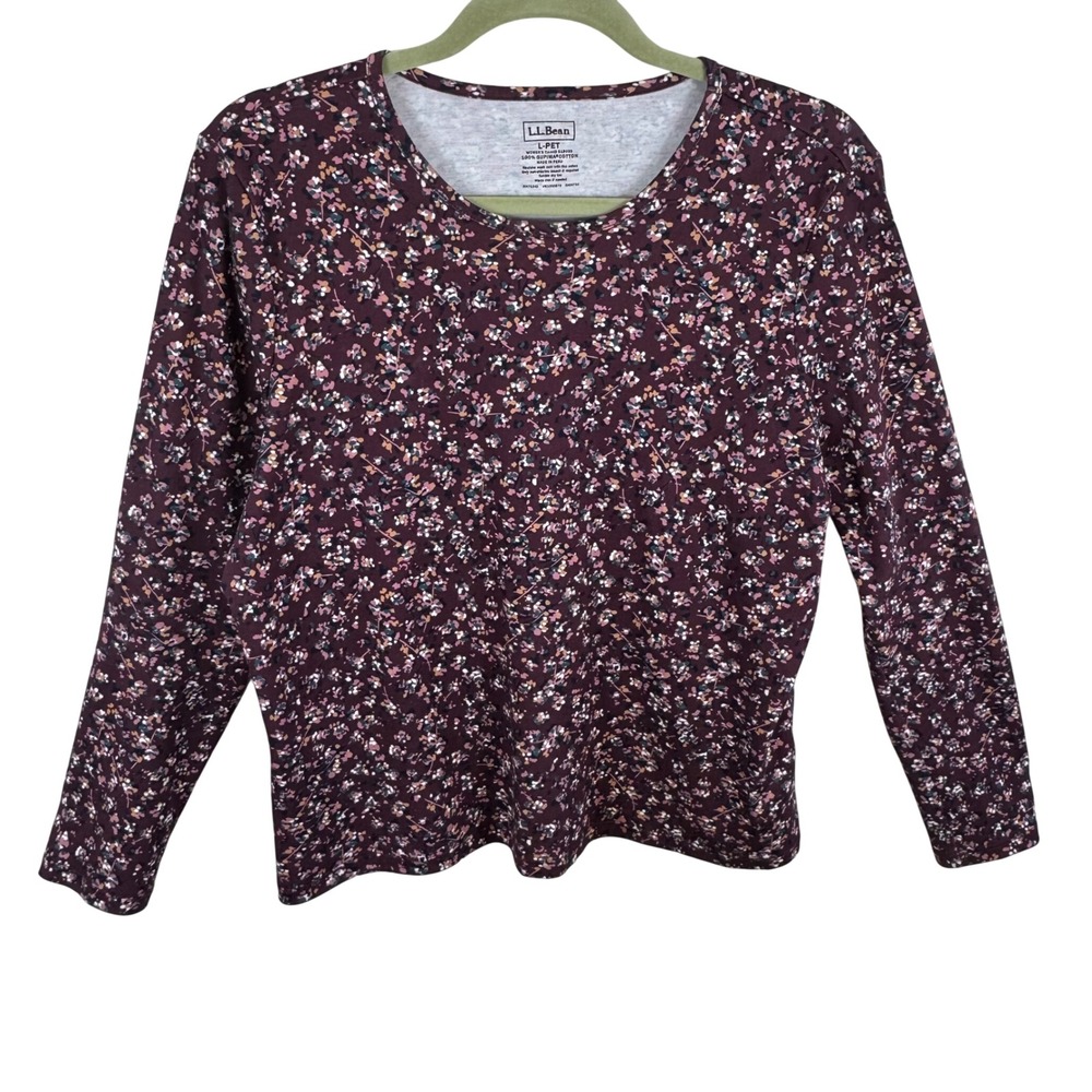 LL Bean Womens Supima Cotton Long Sleeve Floral Tee Burgundy Petite Large 519020